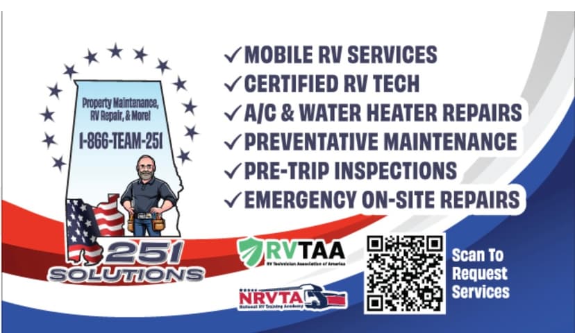 251 Solutions LLC is a Registered RVTAA Technician serving Mobile, AL and surrounding areas within 70 miles