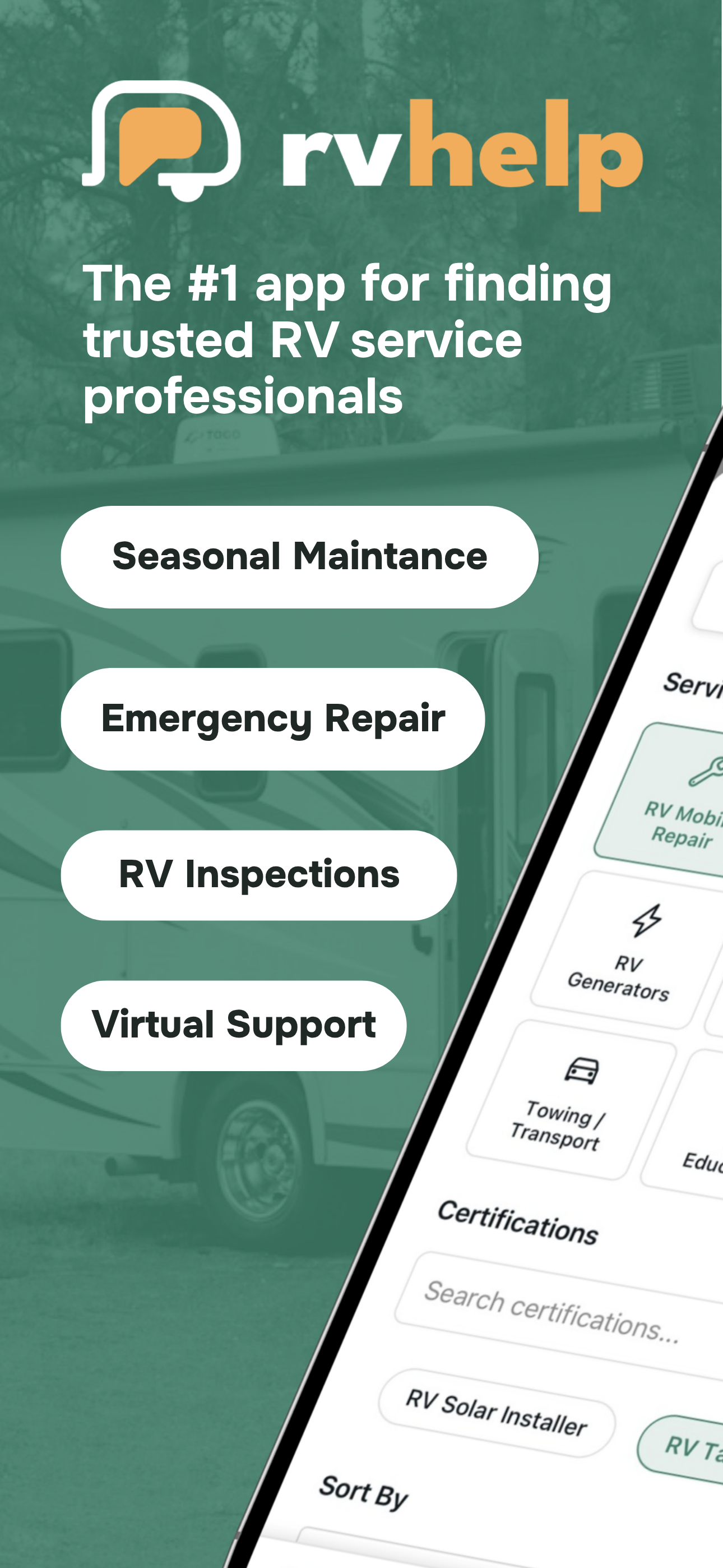 RV Help app home screen showing service categories and search bar